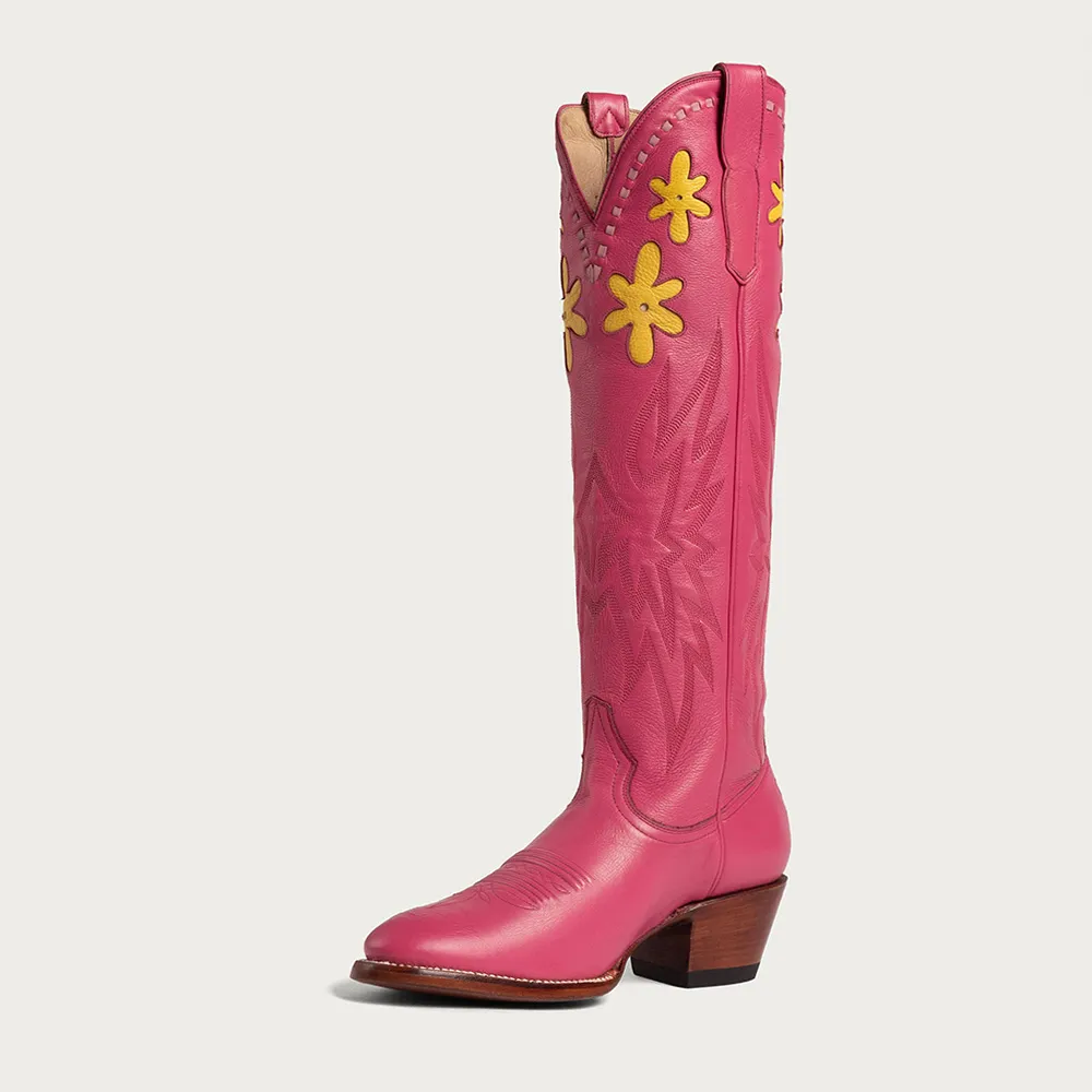 Faux-Leather Embroidered Floral Round-Toe Knee-High Boots