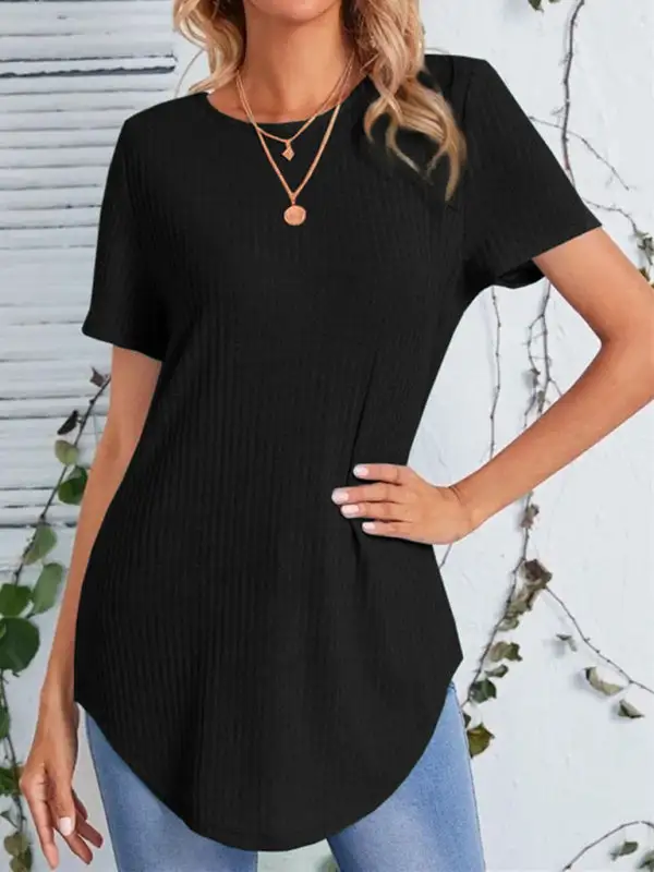 Round-Neck Collared Short-Sleeve Knit T-Shirt