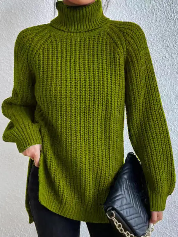 Split Hem High Neck Long Sleeve Relaxed Fit Pullover Sweater