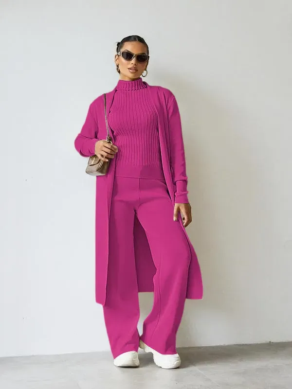 Trendy Knit Turtle Neck Tank & Wide Leg Trousers With Open-Front Long Cardigan Three-Piece Sets