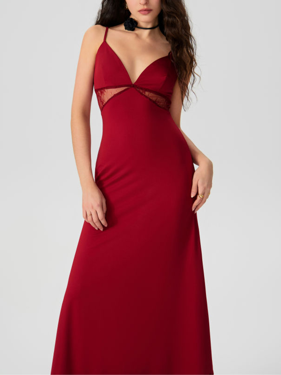 Lace Hem Satin V-Neck Midi Dress