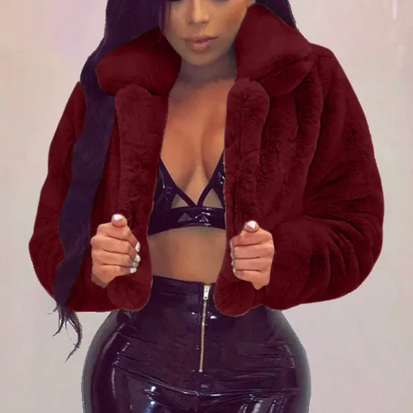 Z2-Wine Faux Fur Coat Women with Hood Cropped Bubble Coats Fleece Short Warm Jackets Plus Size Winter Coats for Women