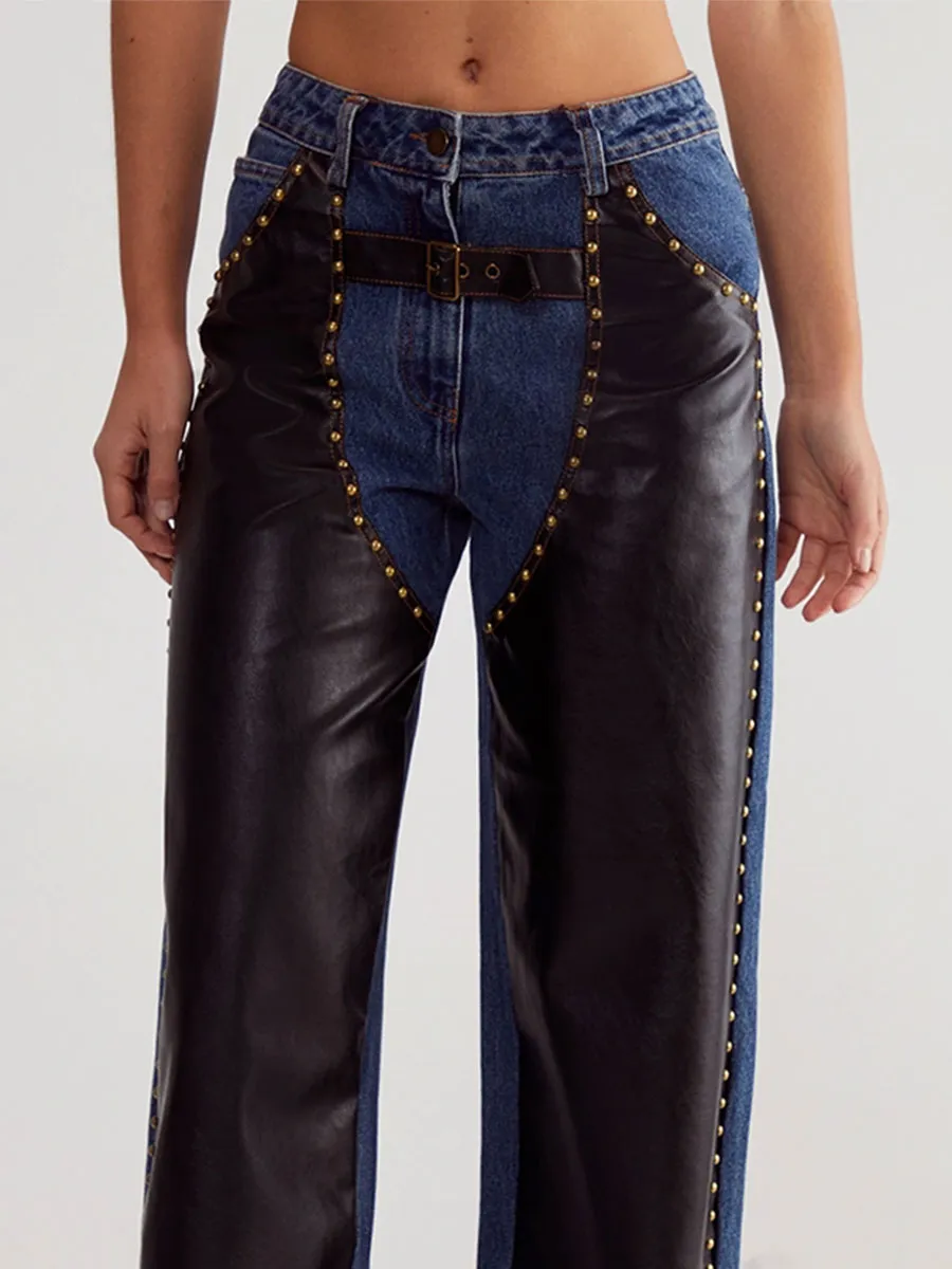 Women's Stylish Denim-Leather Studded Wide-Leg Pants