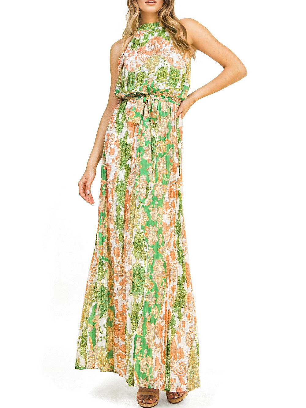 Green and Orange Pleated Maxi Dress
