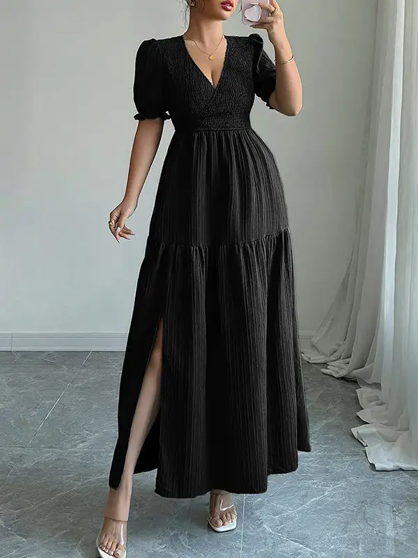 Front Pleated Neck Maxi Dress