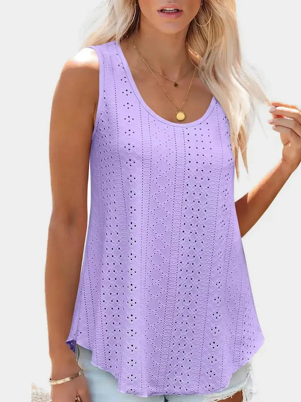 Eyelet Round Neck Tank With Sheer Detail
