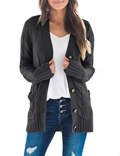 Women's Long Sleeve Cable Knit Sweater Open Front Cardigan Button Loose Outerwear