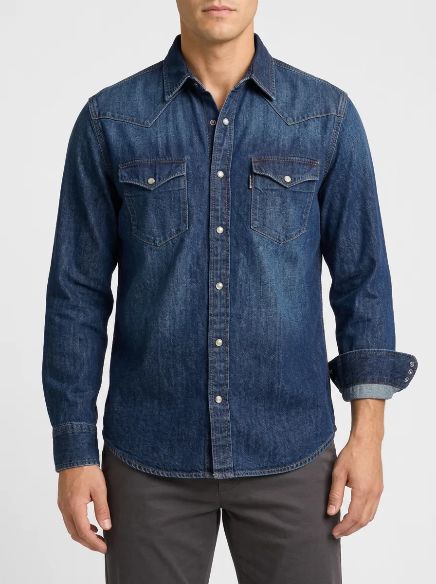 Heritage-Inspired Washed Denim Front-Opening Shirt