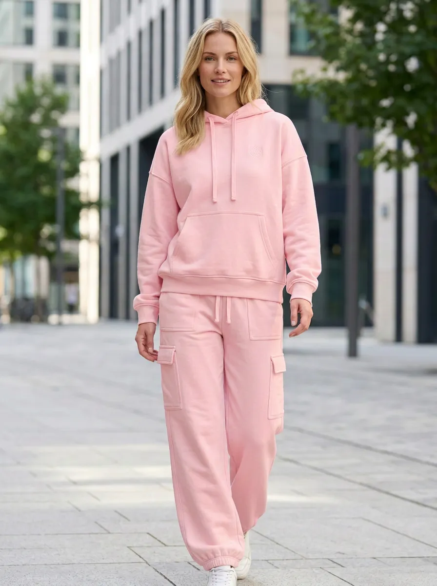 Women's Minimalist Beige Solid Color Printed Hoodie Cargo Jogger Set