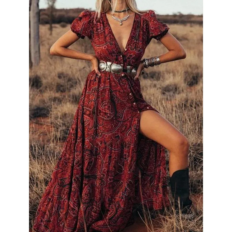 Women's Sexy Printed V Neck Short Sleeve Bohemian Vacation Dress