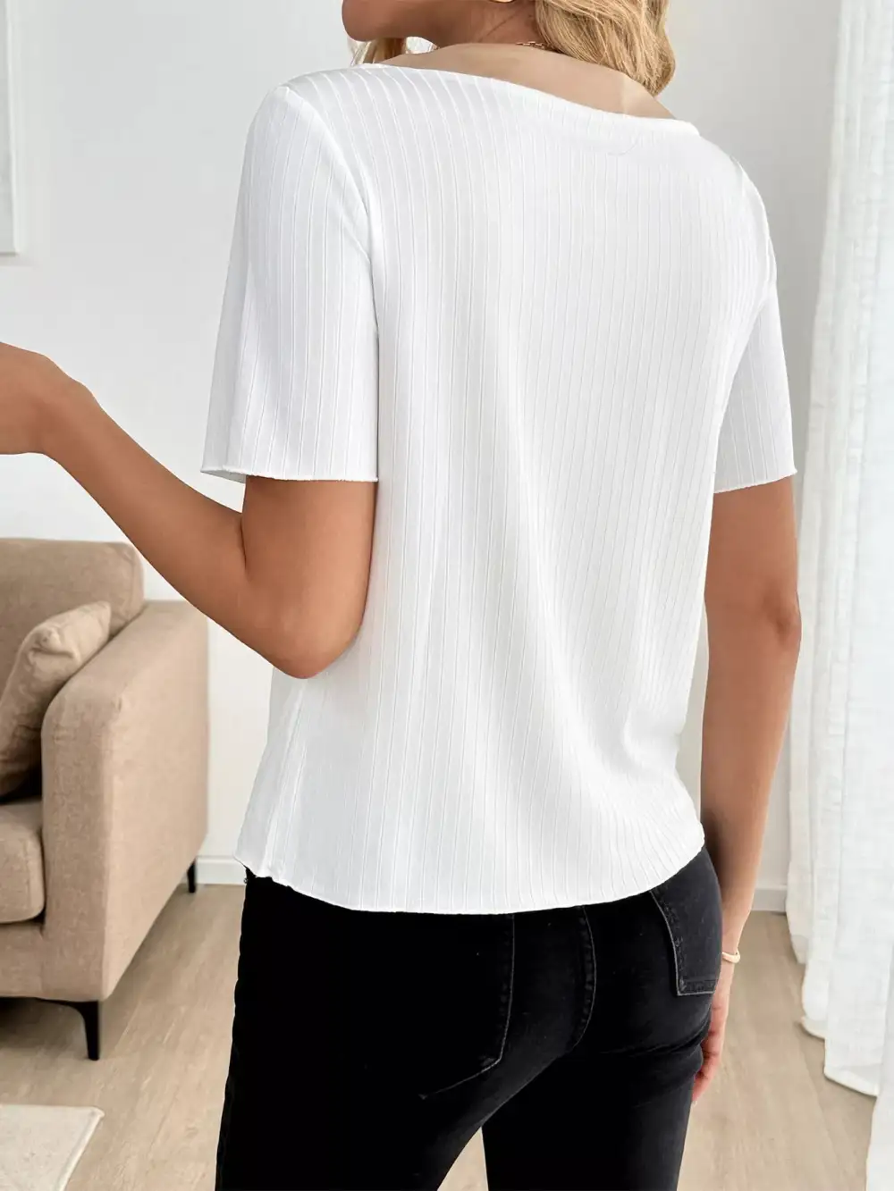 Decor Button Round Neck Short Sleeve Blouse