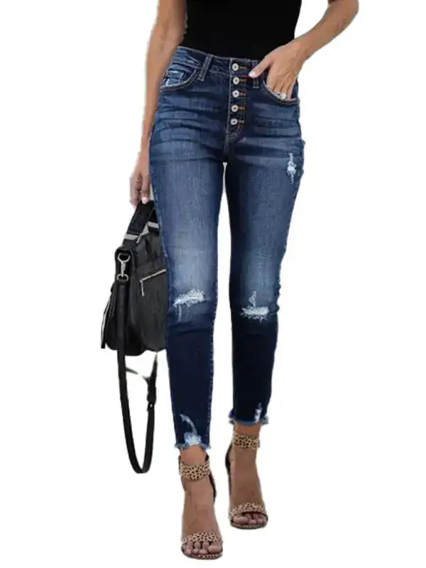 High Waist Ripped Elastic Denim Jeans
