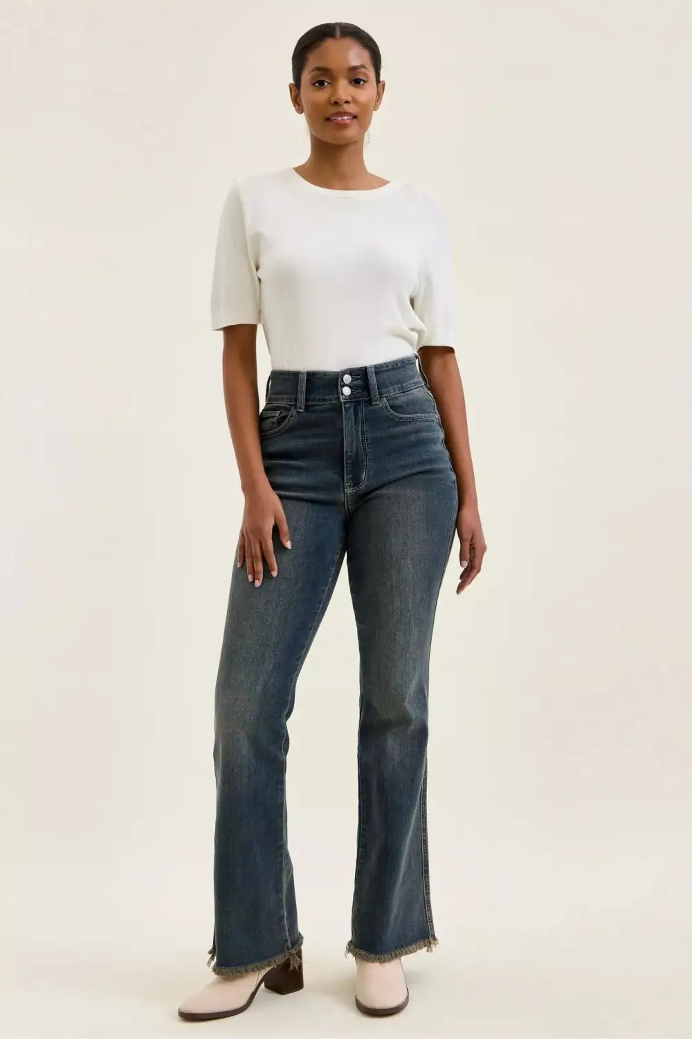 High Waist Frayed Hem Button Denim Jeans