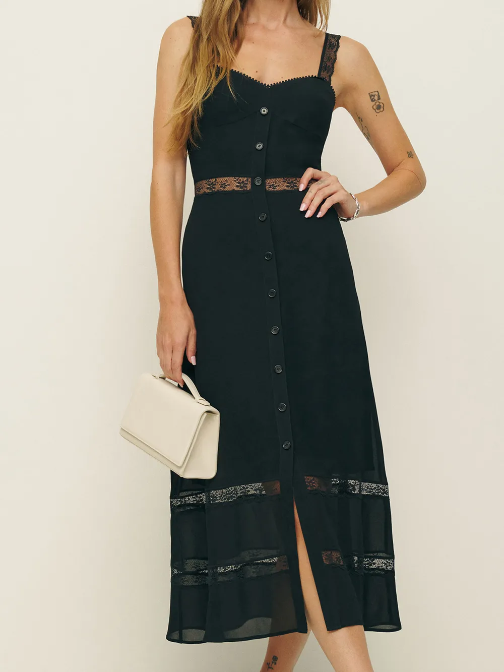 Button Front Lace Insert Sleeveless Midi Dress