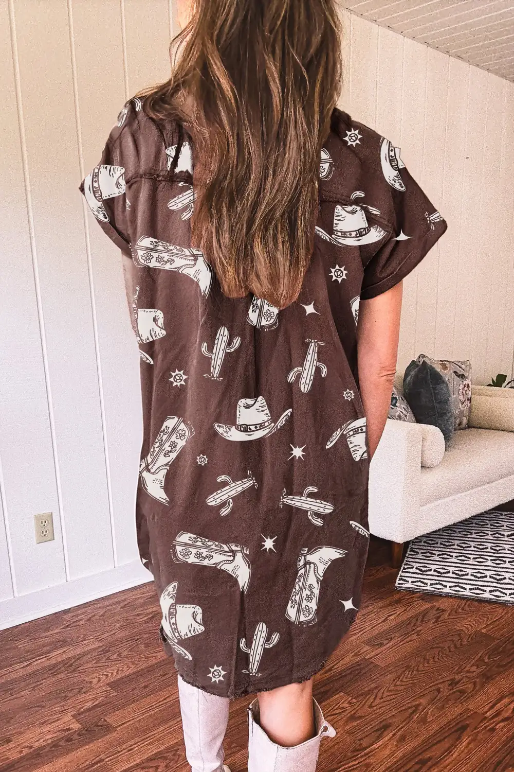 Printed Denim Button Front Dress Casual