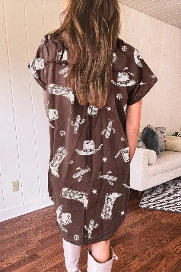 Printed Denim Button Front Dress Casual
