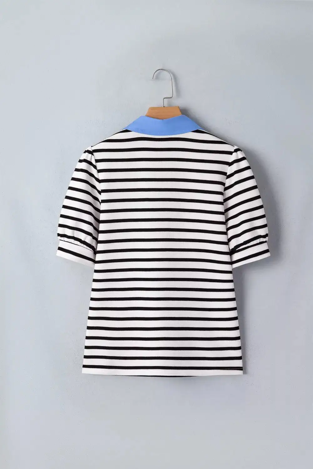 Striped Puff Sleeve Blouse Contrast Collar