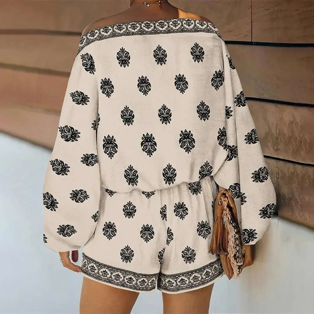 Women's 2 Pieces Outfit Boho Lantern Sleeve Linen Top and Shorts Set