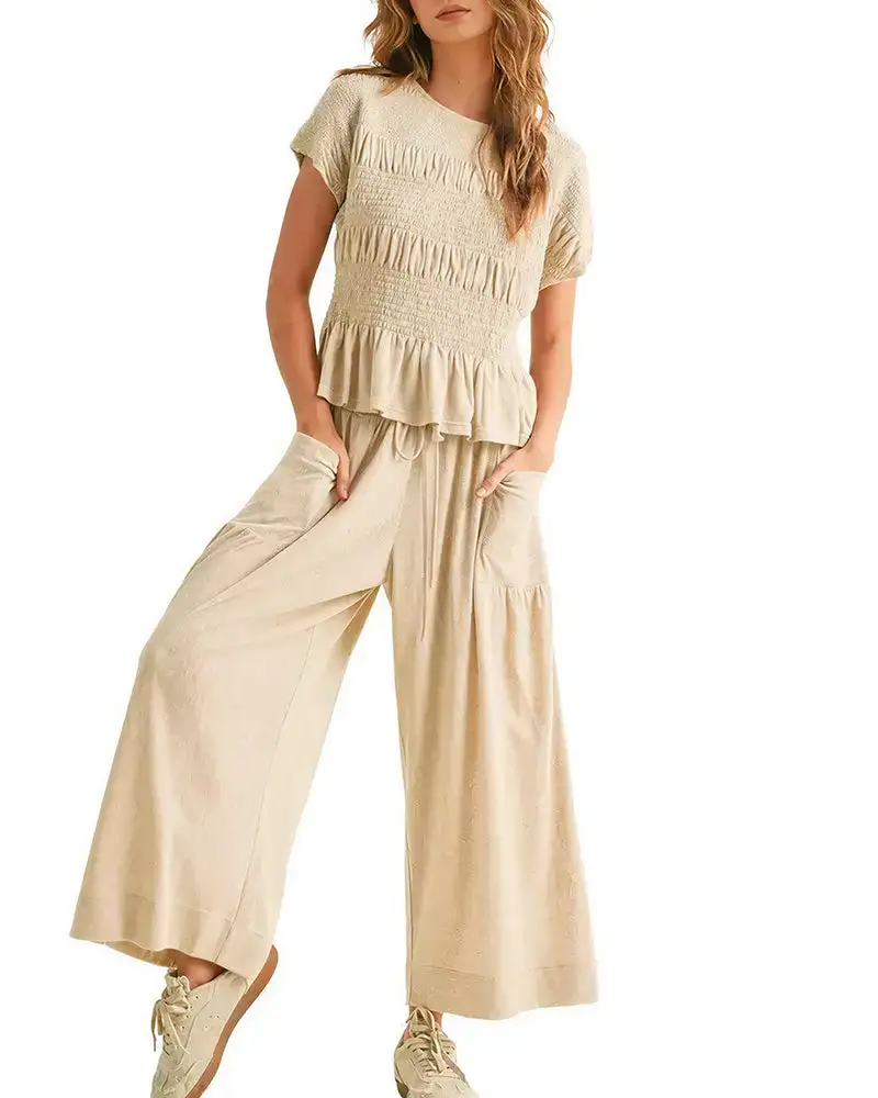 Smocked Peplum Top and Wide Leg Pants Two-Piece Set