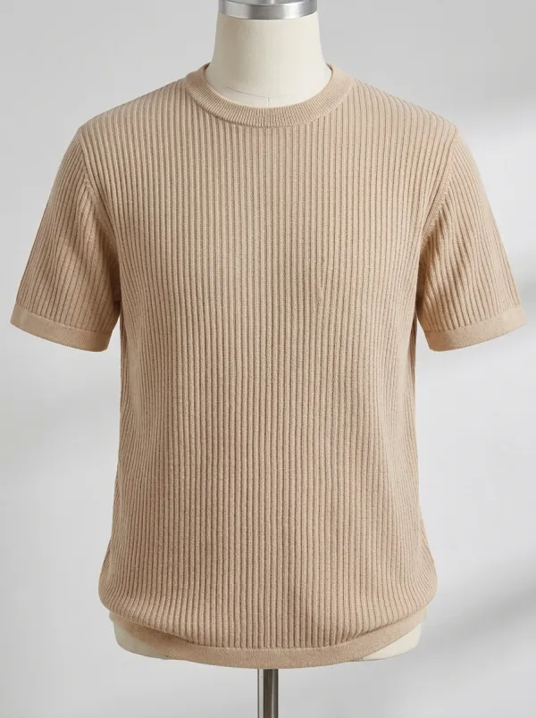 Refined Ribbed-Knit Minimal Men's Knit Crew-Neck T-Shirt