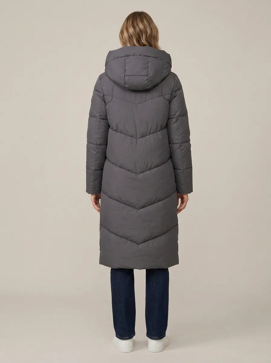 Classic-Layer Chevron-Quilted Long Hooded Coat