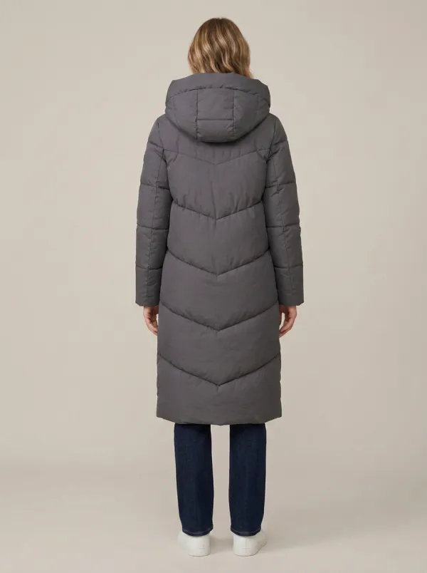 Classic-Layer Chevron-Quilted Long Hooded Coat