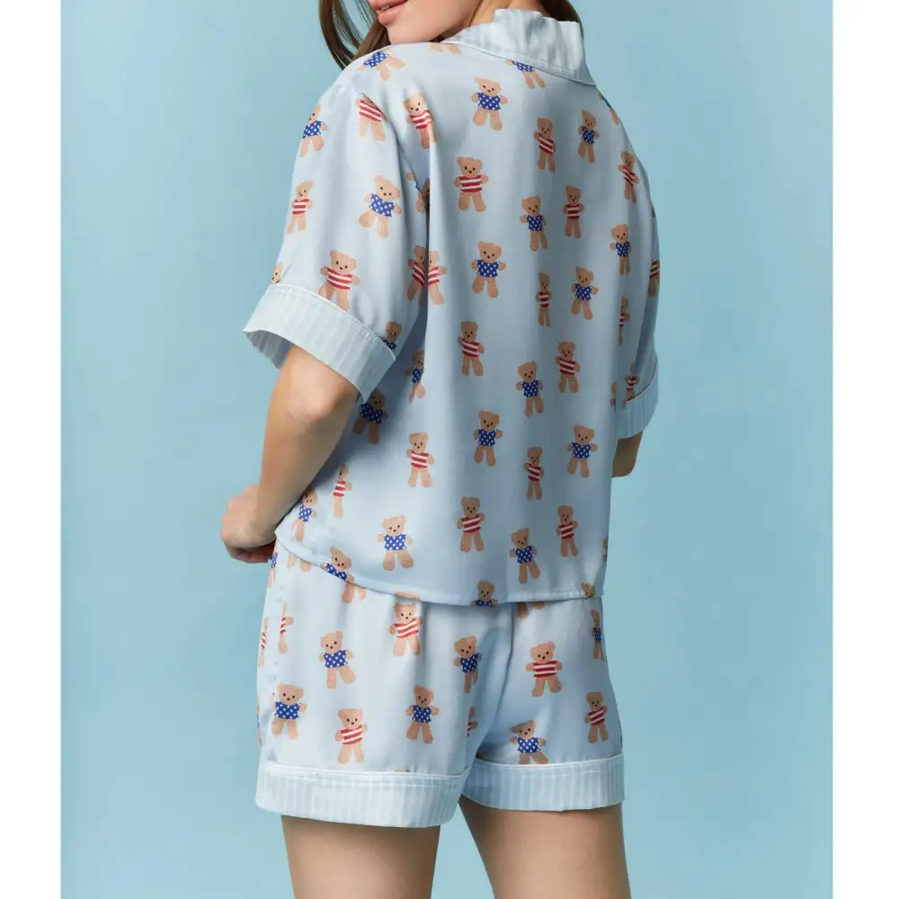 Bear Print V Neck Short Sleeve Top with Shorts Lounge Wear Set