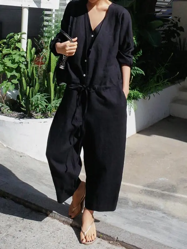 Casual Linnen Jumpsuit Met V Hals