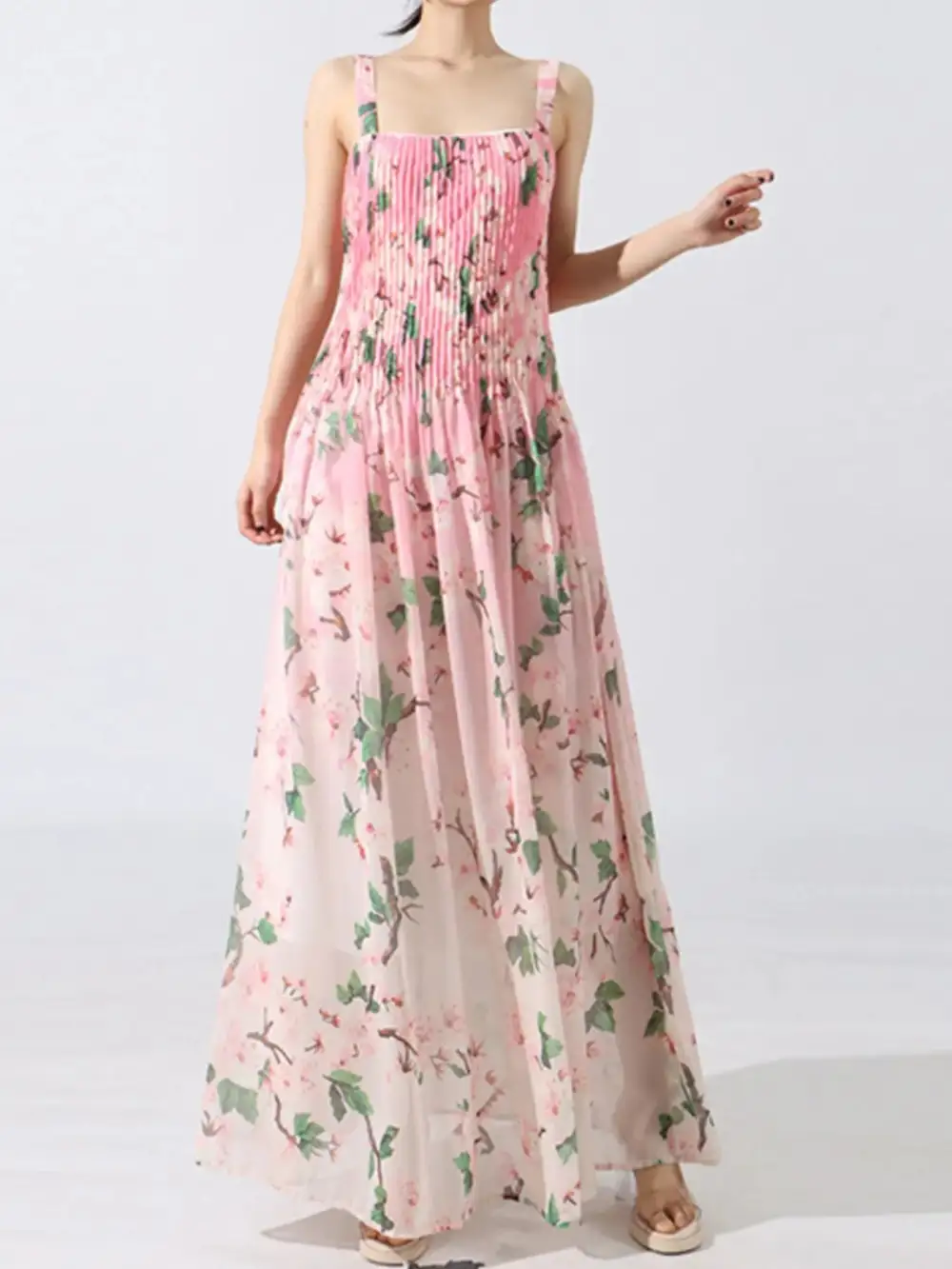 Layered Detail Floral Printed Pleated Maxi Dress