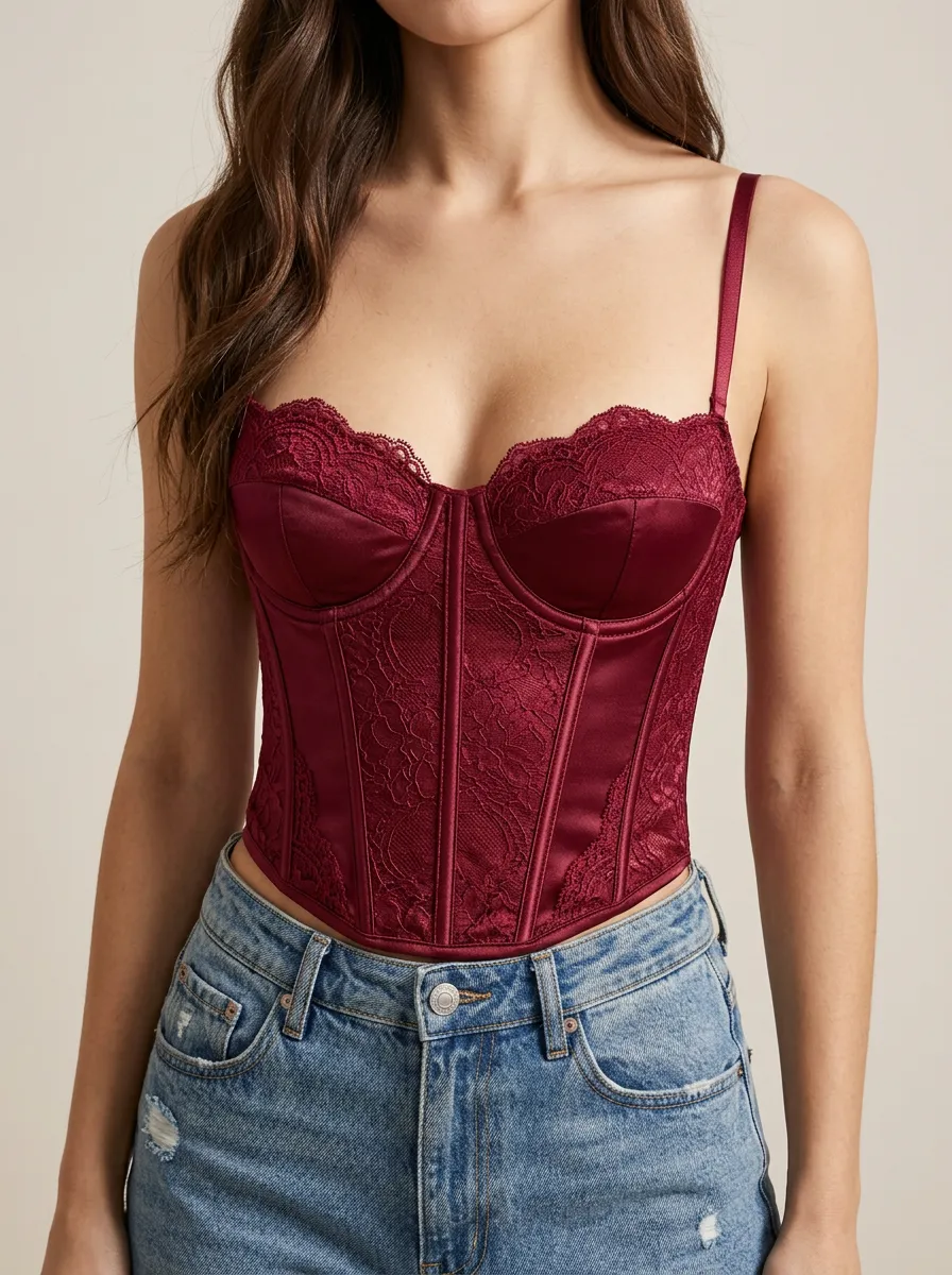 Lace-Trim Lace-Panel Floral Satin-Style Women's Corset Top
