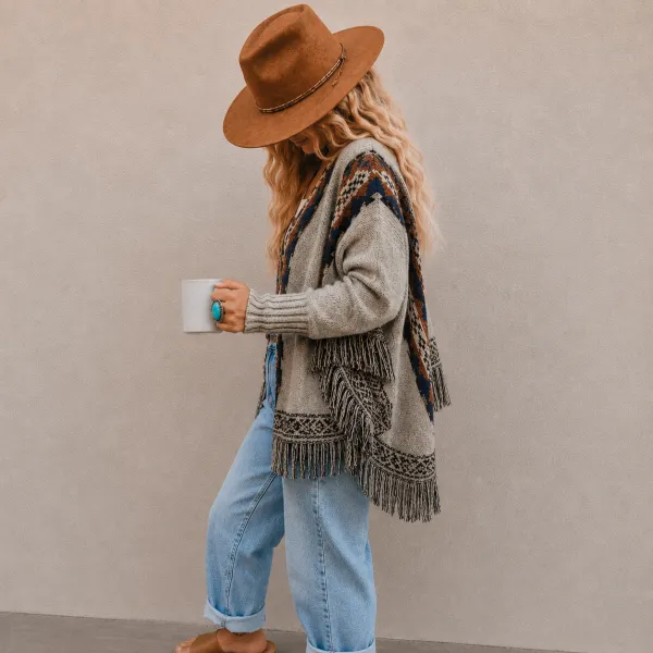 Relaxed Geometric Hooded Fringed Toggle Front Cardigan