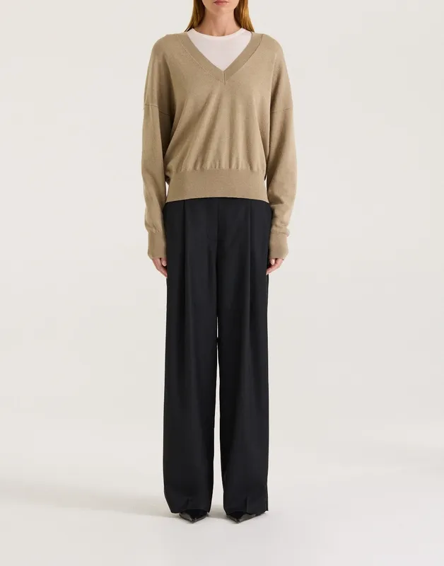 Tawny Relaxed V-Neck Drape Knit Jumper