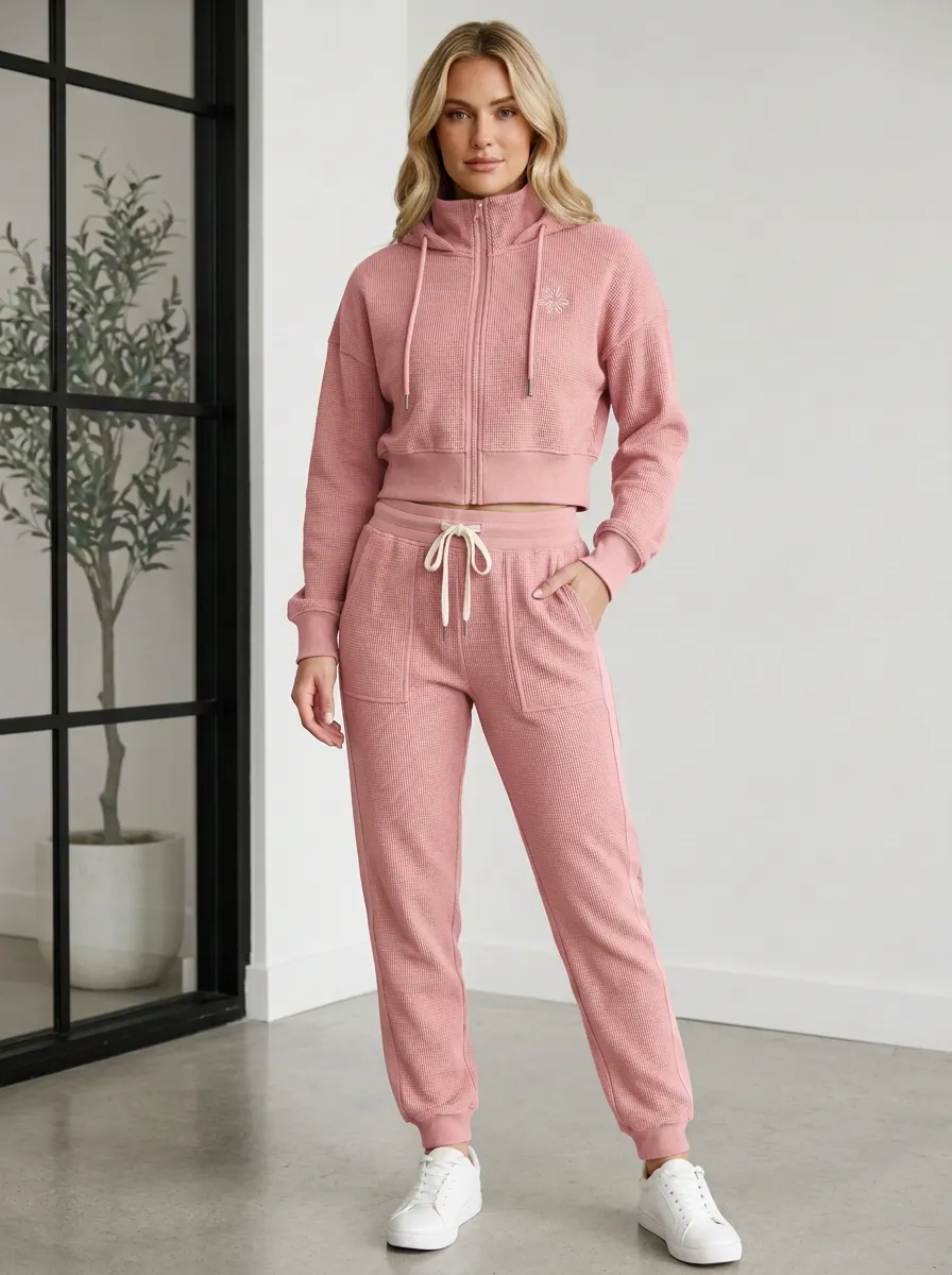 Women's Star Logo Olive Waffle Knit Printed Hooded Jogger Set