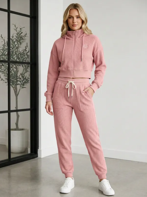 Women's Star Logo Olive Waffle Knit Printed Hooded Jogger Set