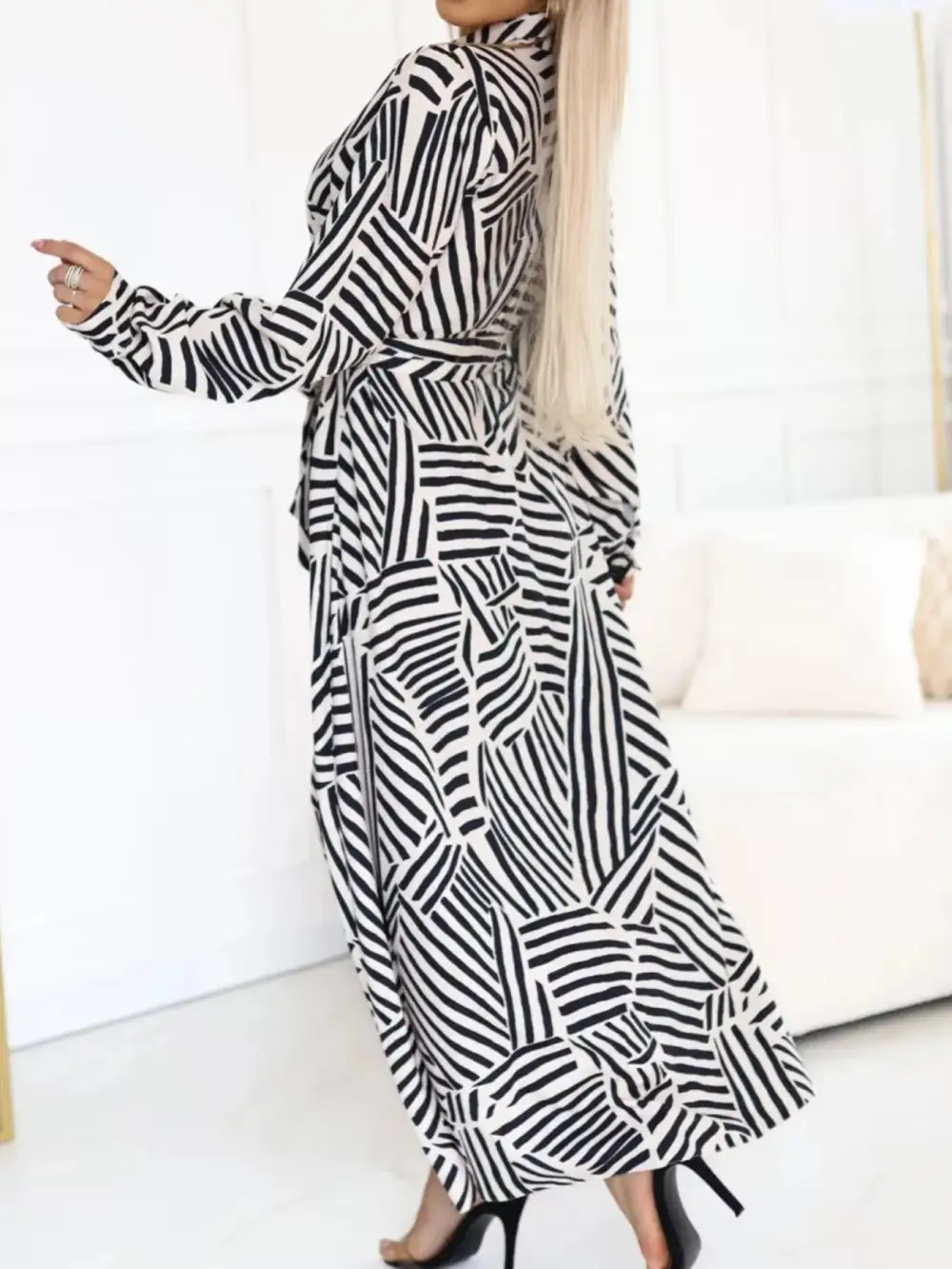 Geometric Print Belted Maxi Shirt Dress