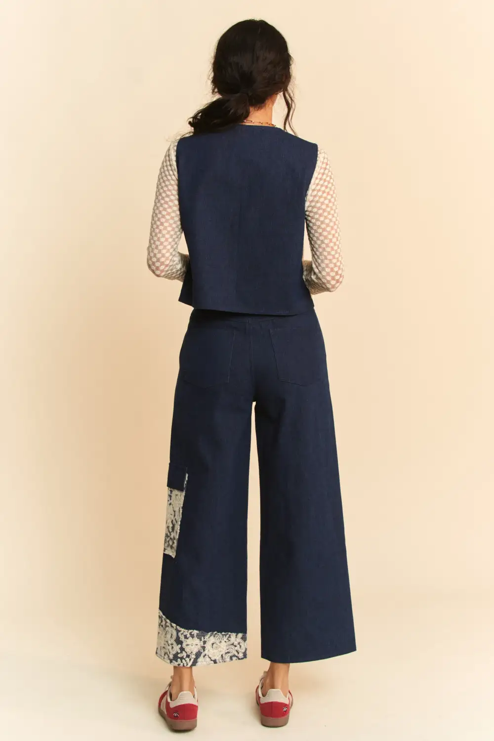 Lace Applique Wide Leg Detail Denim Jeans