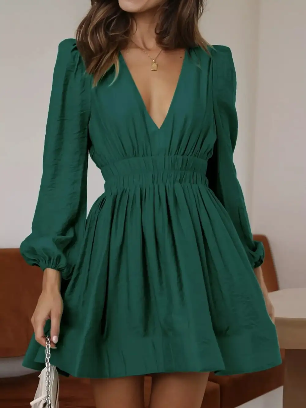 V Neck Long Sleeve Mini Dress