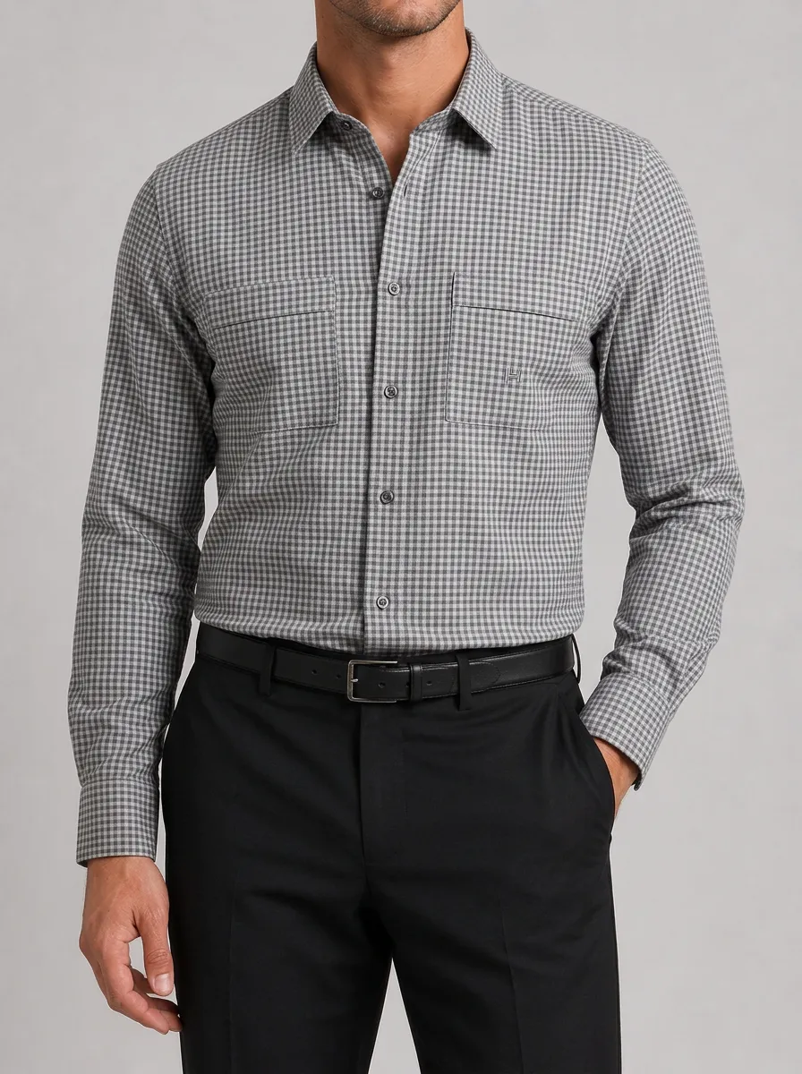Men's Business Casual Grey Gingham Patterned Long Sleeve Shirt