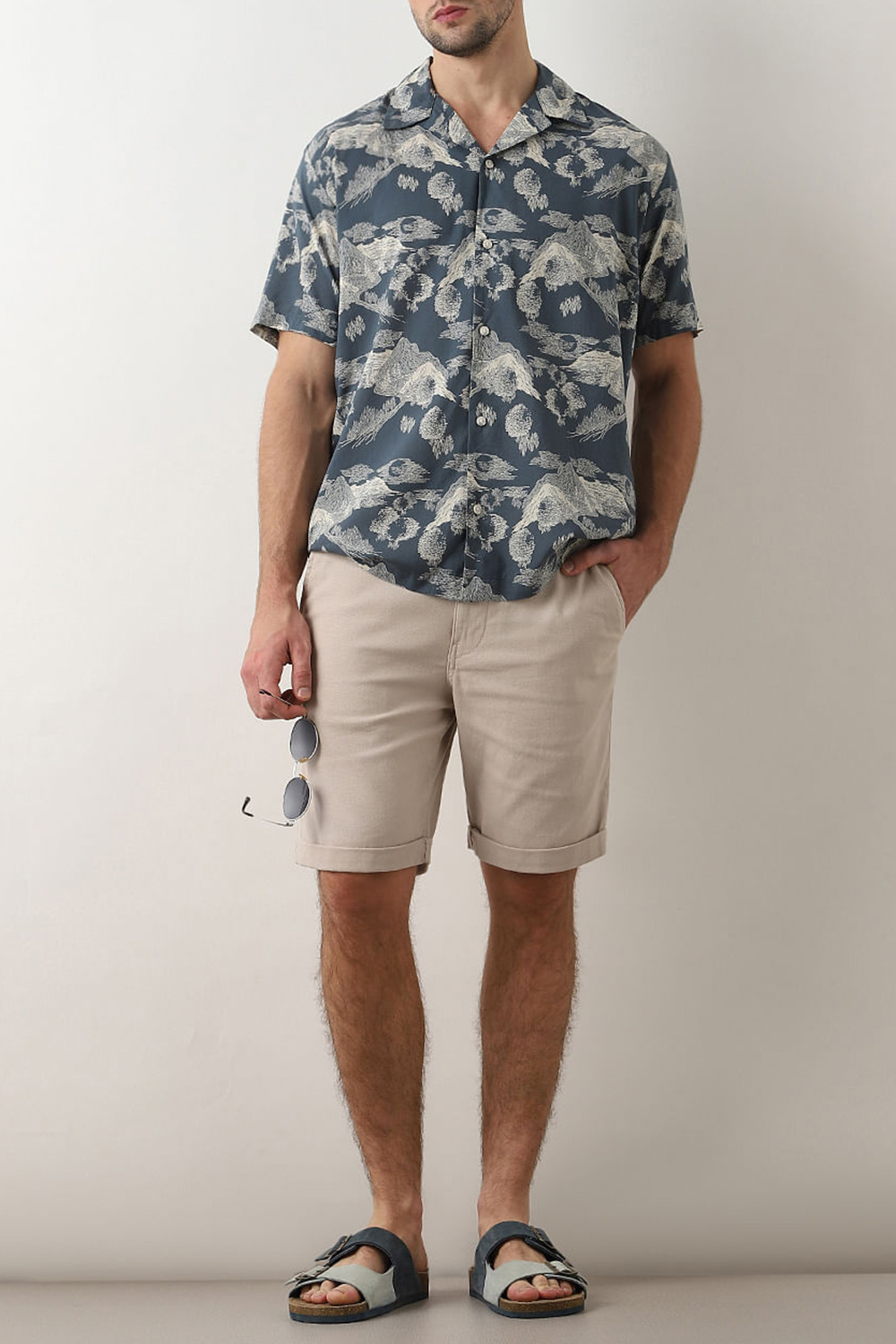 Beige Mid Rise Cotton Shorts