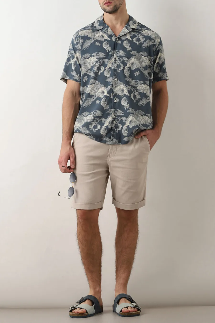 Beige Mid Rise Cotton Shorts