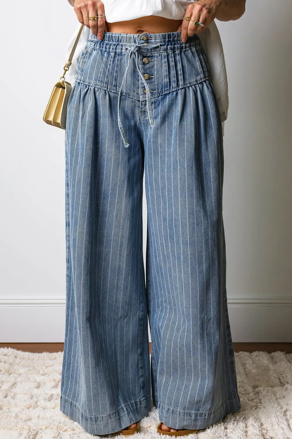 Button Pleated Drawstring Waist Casual Wide Leg Jeans