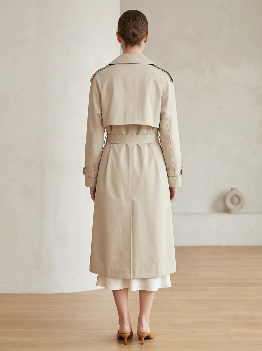 Women's Classic Minimalist Beige Belted Long Trench Coat