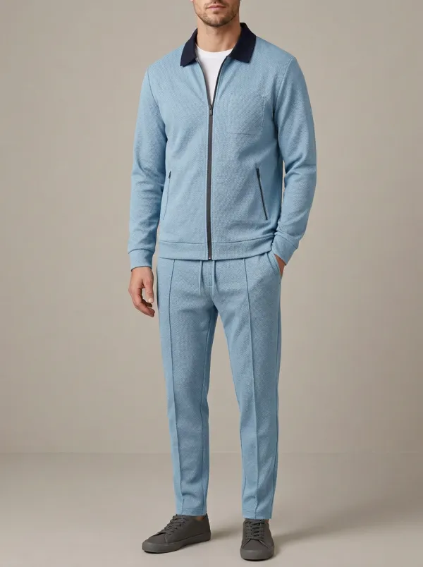 Men's Relaxed Textured Zip-Up Minimal Polo Collar Jacket and Jogger Pants Set