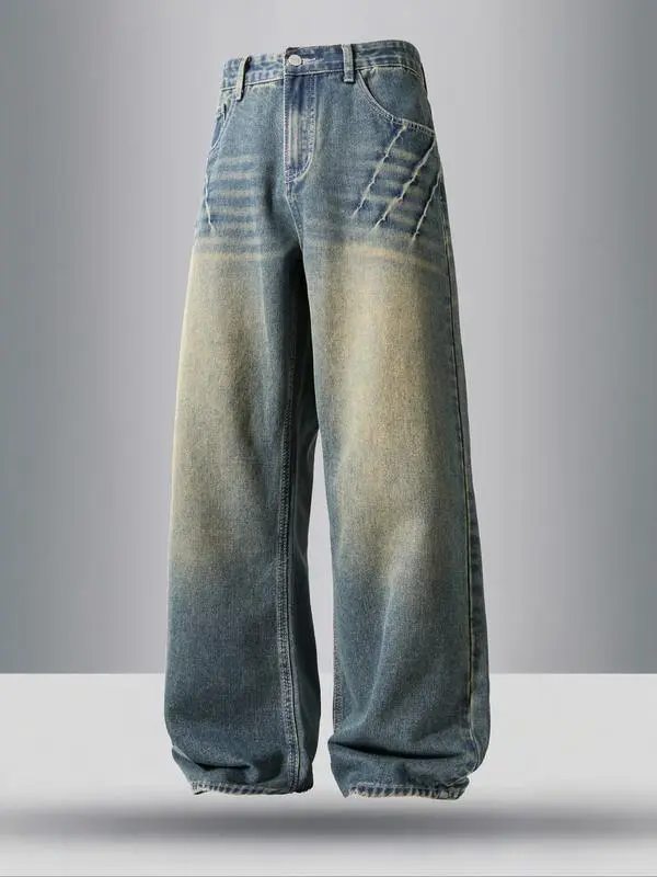 Men's Vintage Wash Pocket Wide Leg Jeans, Loose Casual Comfy Denim Pants for Daily Wear, Woven Bottoms for All Seasons