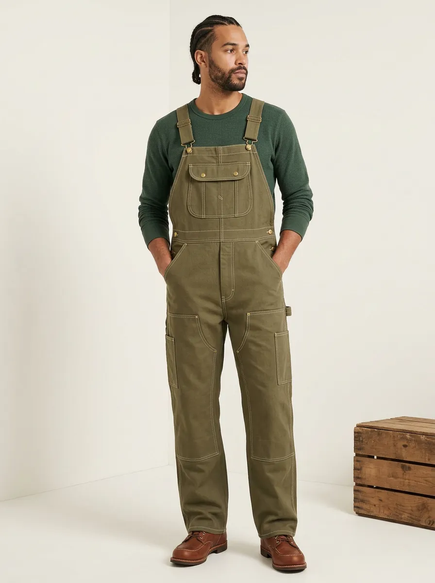Men's Utility Workwear Olive Green Cotton Canvas Overalls