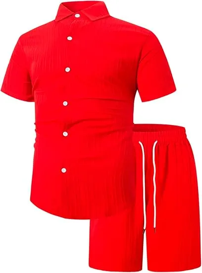Men'S Solid Textured Short Sleeve Button Front Shirt & Pocket Drawstring Waist Shorts Two-Piece Set, Casual Summer Outfits Clothes Set For Men, Sets For Men Clothing, Menswear,  Summer Outfits Set