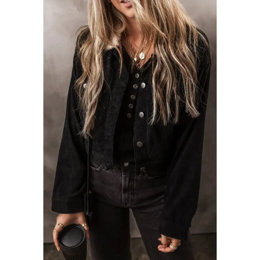 Fuzzy Collared Neck Button Down Jacket