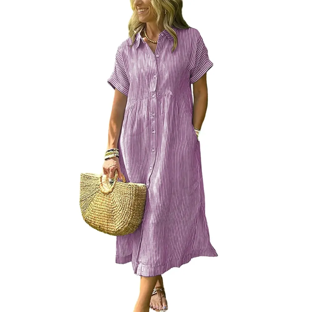 Women‘s Boho Striped Shirt Dress Button Down Loose Midi Dress with Pockets and Side Slit