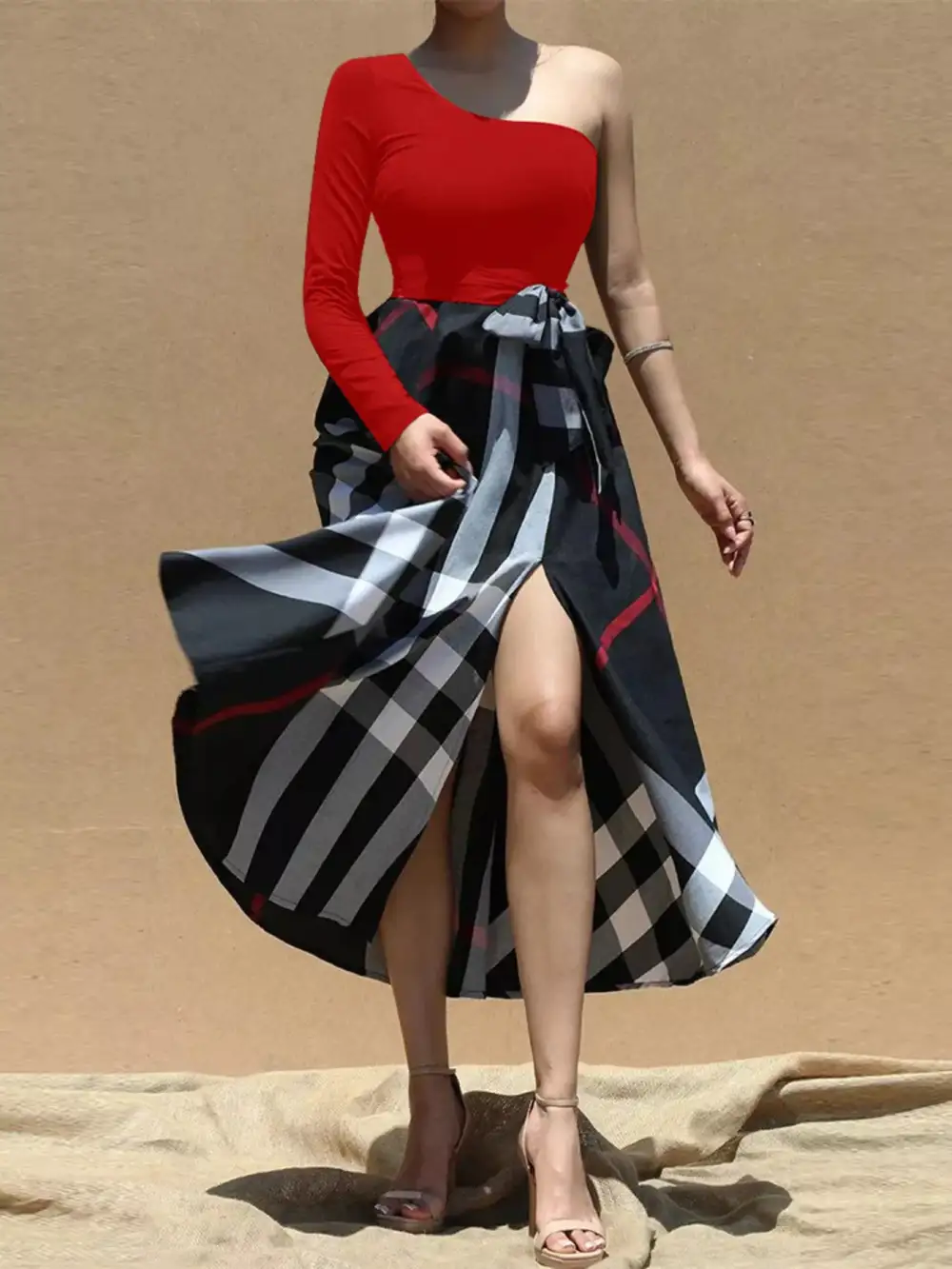 Asymmetrical One-Sleeve Midi Dress with Waist Tie