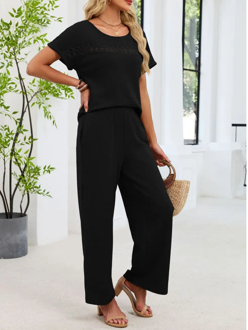 Lace Detail Short Sleeve Top and Pants Set